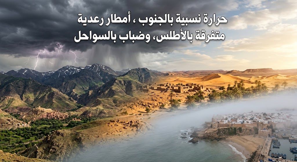 طقس اليوم الخميس: حرارة نسبية بالجنوب، أمطار رعدية متفرقة بالأطلس، وضباب بالسواحل